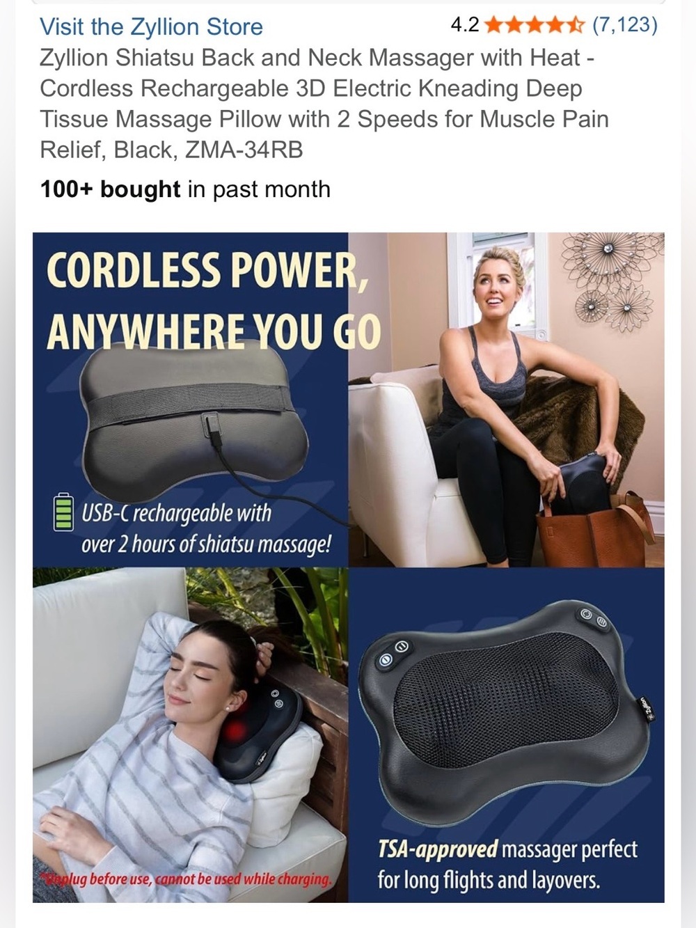 NIB Zyllion Shiatsu Massage Pillow with Heat Deep Kneading Neck Back Massager - Picture 3 of 9